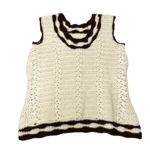 Vintage 70s Women’s Size Small Hand Crocheted Sweater Vest Cream Brown Trim